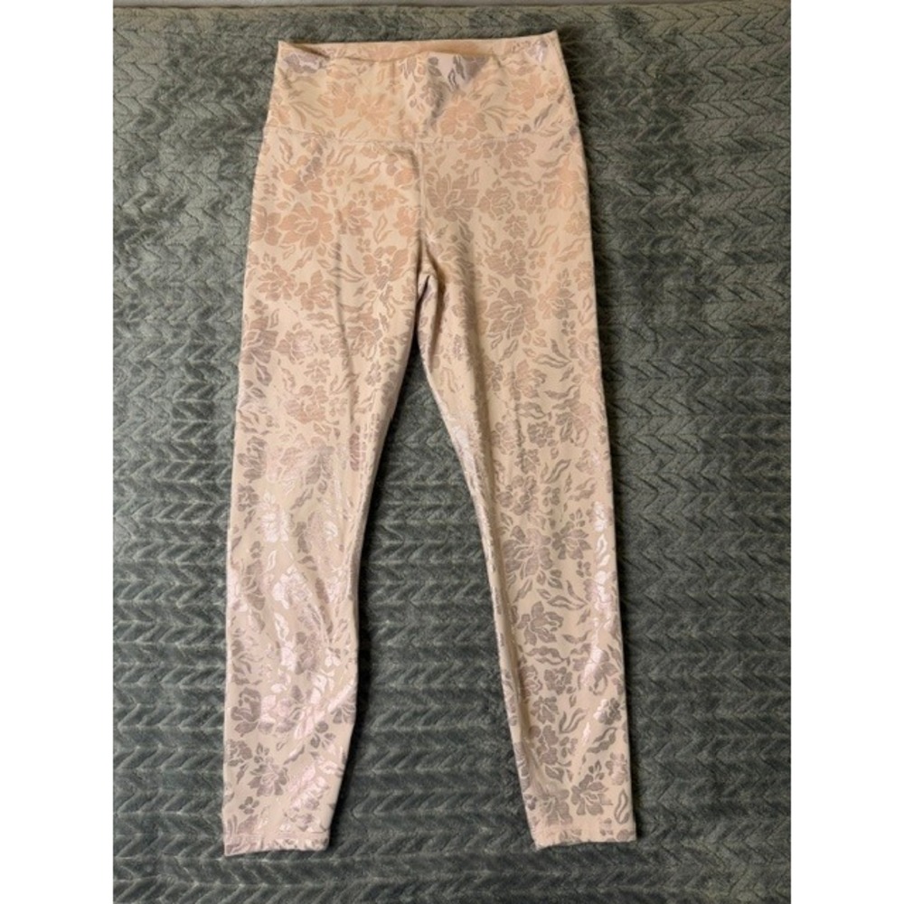 Fabletics PureLuxe Floral Metallic Leggings Champagne Rose Gold  Small 0090